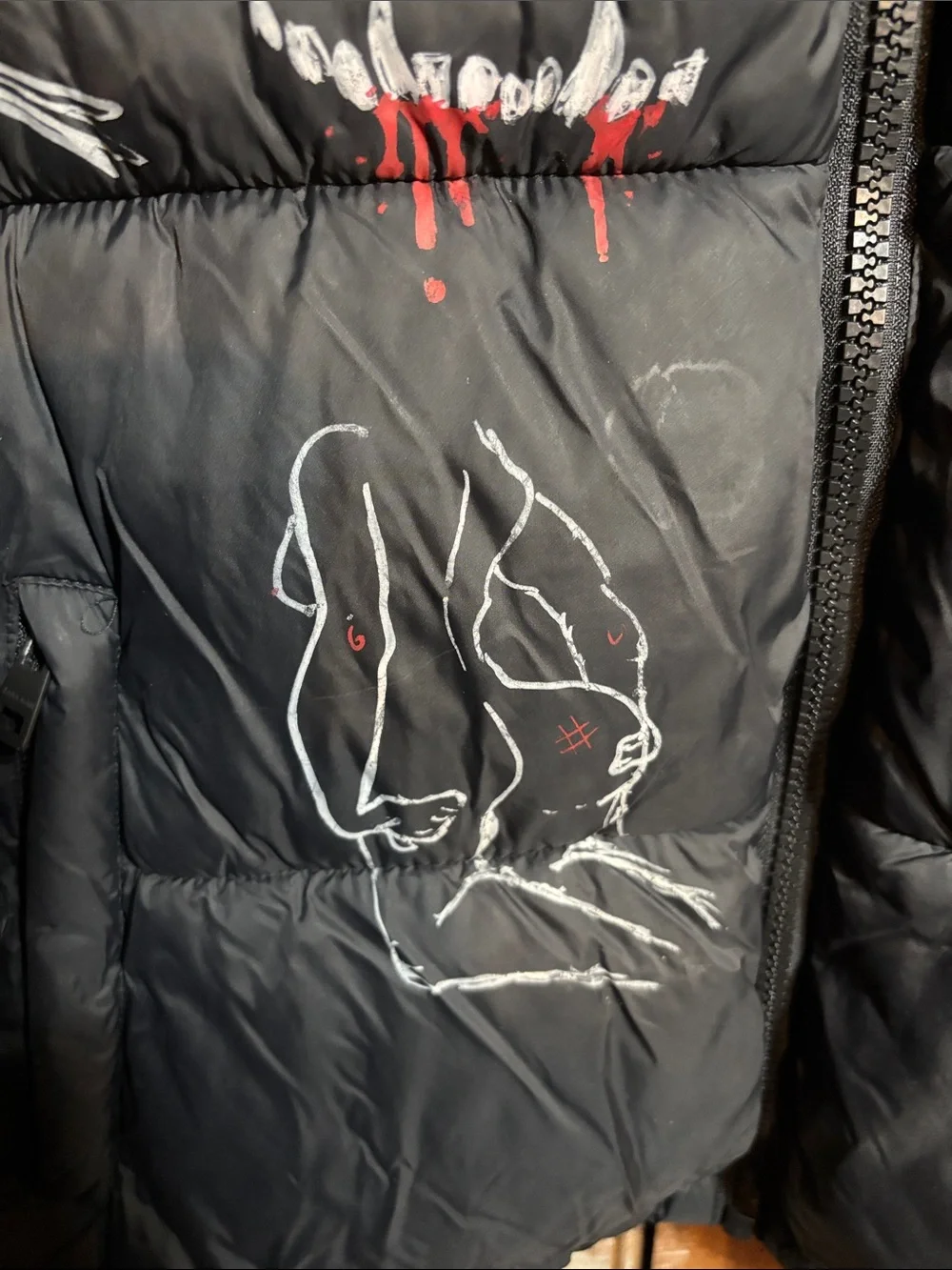 ZARA Black Puffer Jacket with White & Red Custom Painted Graphics